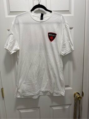 monaco White Short Sleeve Tee with Red and Black Crest